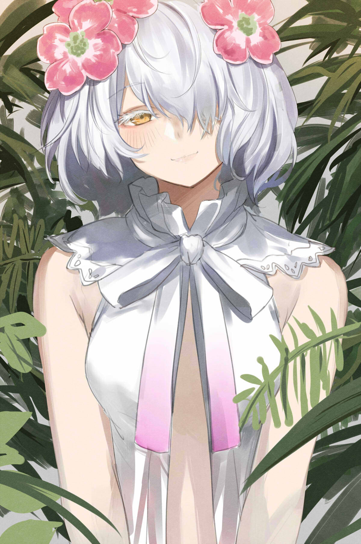 1girl bangs bare_shoulders blush closed_mouth eyebrows_visible_through_hair eyelashes flower hair_between_eyes hair_flower hair_ornament hair_over_one_eye highres isshiki_(ffmania7) kudou_chitose lips looking_at_viewer nijisanji open_clothes pink_flower plant ribbon short_hair sketch sleeveless smile solo upper_body virtual_youtuber wavy_hair white_hair yellow_eyes