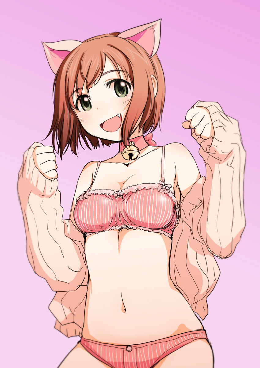 1girl :d animal_ears bangs bell bell_choker bra breasts brown_hair cat_ears choker cleavage eyebrows_visible_through_hair fang gradient gradient_background green_eyes hands_up highres idolmaster idolmaster_cinderella_girls jingle_bell looking_at_viewer maekawa_miku medium_breasts navel open_mouth panties pink_bra pink_choker pink_panties ribbed_sweater sakaki_imasato short_hair sleeves_past_wrists smile solo striped sweater underwear vertical-striped_bra vertical-striped_panties vertical_stripes white_sweater