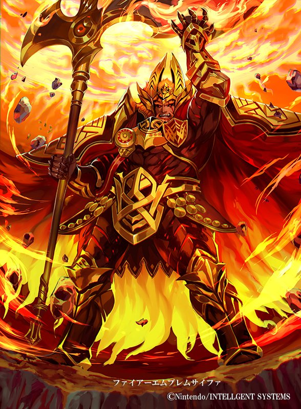 1boy arm_up armor axe beard cherokee_(1021tonii) company_name crown facial_hair fire fire_emblem fire_emblem_cipher fire_emblem_heroes holding holding_axe holding_weapon male_focus open_mouth red_eyes redhead solo surtr_(fire_emblem) weapon