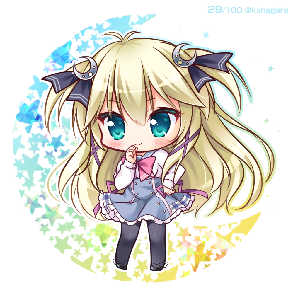 1girl antenna_hair bangs black_footwear black_legwear black_ribbon blonde_hair blue_eyes blue_sailor_collar blue_skirt blush breasts chibi closed_mouth commentary_request crescent crescent_hair_ornament eyebrows_visible_through_hair frilled_skirt frills full_body hair_between_eyes hair_ornament hair_ribbon hand_to_own_mouth hand_up high-waist_skirt kodomo_no_asobi long_hair long_sleeves medium_breasts pantyhose purple_ribbon ribbon ryuuka_sane sailor_collar school_uniform sera_(kodomo_no_asobi) serafuku shirt shoes skirt sleeves_past_wrists smile solo standing star twitter_username two_side_up very_long_hair white_shirt