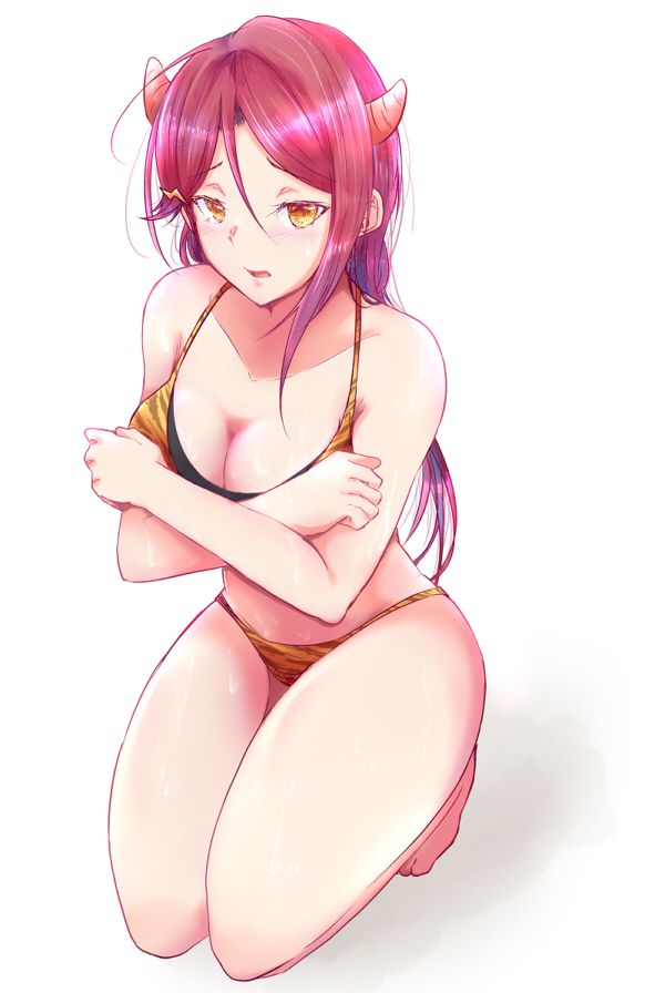 1girl animal_print barefoot bikini breasts cleavage collarbone covering covering_one_breast full_body hair_between_eyes horns hzk kneeling long_hair looking_at_viewer love_live! love_live!_sunshine!! medium_breasts open_mouth print_bikini redhead sakurauchi_riko shiny shiny_hair simple_background solo swimsuit tiger_print white_background yellow_bikini yellow_eyes