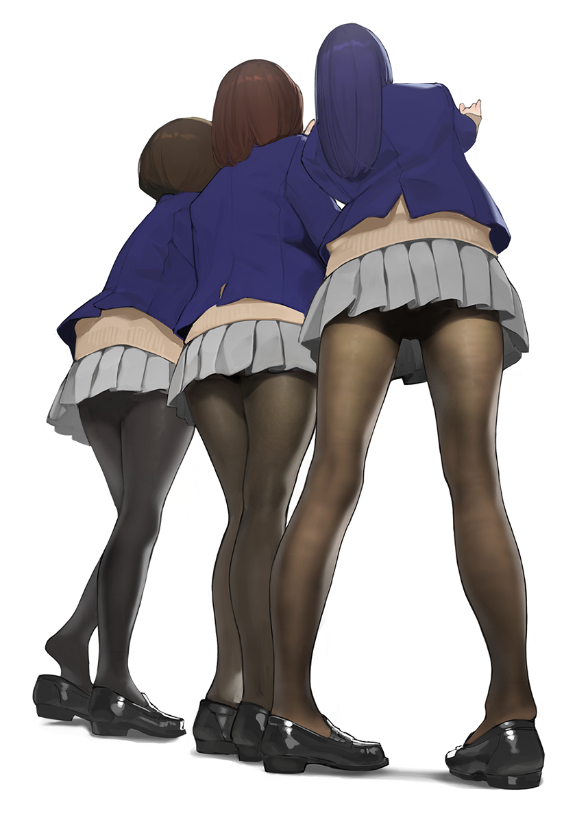 3girls aikawa_ren ass black_footwear black_legwear blazer blue_jacket brown_hair brown_legwear commentary_request facing_away fine_fabric_emphasis from_behind full_body grey_skirt hands_up highres jacket loafers long_hair long_sleeves miru_tights moegi_homi multiple_girls nakabeni_yua pantyhose pleated_skirt school_uniform shirt shoe_dangle shoes short_hair simple_background skirt standing straight_hair thighband_pantyhose white_background yomu_(sgt_epper)