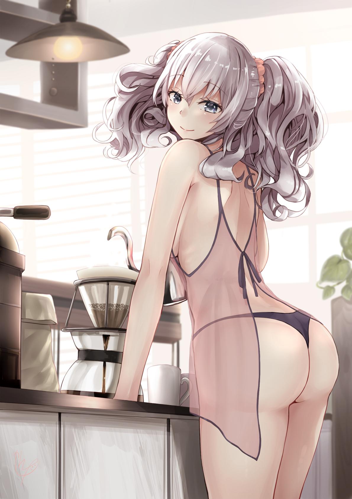 1girl ass babydoll bare_shoulders blinds blue_eyes blush breasts closed_mouth coffee_pot cup eyebrows_visible_through_hair from_side hair_ornament hair_scrunchie highres holding_jug indoors jug kantai_collection kashima_(kantai_collection) large_breasts long_hair looking_at_viewer looking_back narushima_kanna panties purple_panties scrunchie see-through shoulder_blades silver_hair smile solo thong tsurime twintails underwear wavy_hair window