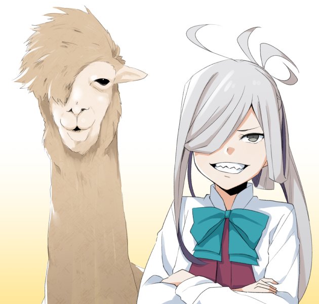1girl 1other ahoge alpaca asashimo_(kantai_collection) beige_background crossed_arms gradient gradient_background grey_eyes hair_over_one_eye halterneck kantai_collection long_hair long_sleeves looking_at_viewer moti_coi ponytail school_uniform sharp_teeth shirt silver_hair teeth white_background white_shirt