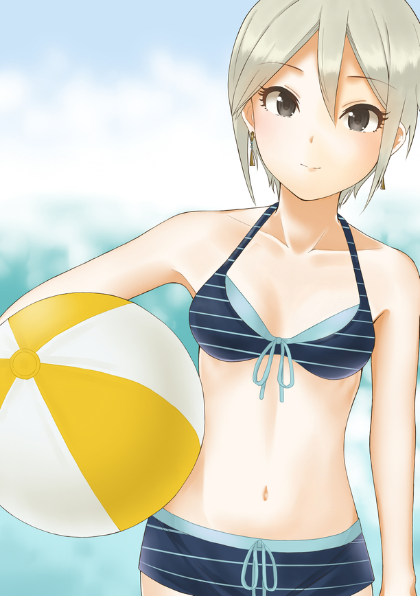 1girl ball beachball bikini bikini_shorts black_eyes blue_bikini blue_ribbon blurry blurry_background breasts cleavage collarbone earrings eyebrows_visible_through_hair ginnote hair_between_eyes holding holding_ball idolmaster idolmaster_cinderella_girls jewelry navel ribbon shiny shiny_hair shiomi_shuuko short_hair shorts silver_hair small_breasts smile solo standing striped striped_bikini swimsuit