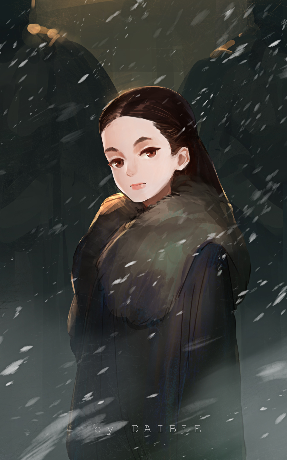 1girl a_song_of_ice_and_fire artist_name brown_eyes brown_hair coat daible fur_trim game_of_thrones highres long_hair lyanna_mormont snowing solo