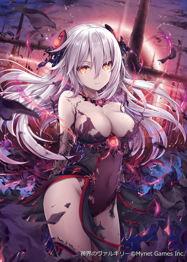 1girl akkijin arms_behind_back bare_shoulders black_dress breasts calamity_(shinkai_no_valkyrie) covered_navel cowboy_shot dress elbow_gloves expressionless gloves hair_between_eyes headgear jewelry lace lace_gloves large_breasts leotard long_hair looking_at_viewer necklace shinkai_no_valkyrie silver_hair solo thigh-highs torn_clothes yellow_eyes
