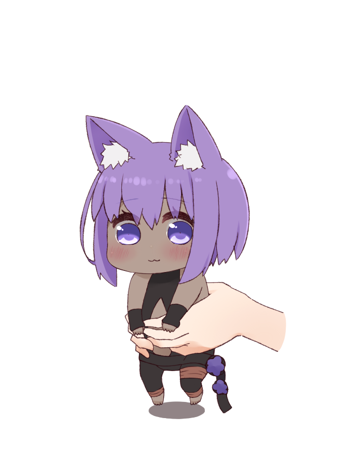 1girl :3 animal_ear_fluff animal_ears bangs bare_shoulders barefoot black_bodysuit black_sleeves blush bodysuit cat_ears center_opening chibi closed_mouth dark_skin detached_sleeves eyebrows_visible_through_hair fate/prototype fate/prototype:_fragments_of_blue_and_silver fate_(series) hair_between_eyes hassan_of_serenity_(fate) holding i.u.y kemonomimi_mode long_sleeves out_of_frame purple_hair shadow sleeves_past_wrists solo_focus violet_eyes white_background