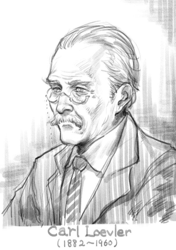 1boy carl_loevler character_name check_commentary commentary commentary_request facial_hair formal glasses greyscale kamehame male_focus monochrome mustache necktie old_man orignal short_hair solo striped striped_neckwear suit upper_body