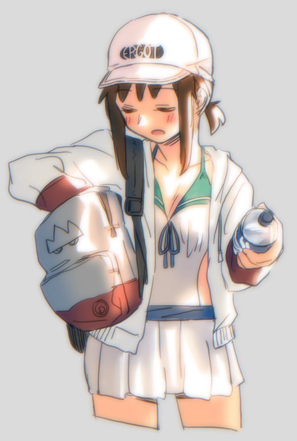 1girl adapted_costume artist_name backpack bag baseball_cap black_hair bottle casual_one-piece_swimsuit closed_eyes cropped_legs drawstring ergot fubuki_(kantai_collection) grey_background hat hood hooded_jacket hoodie jacket kantai_collection long_hair low_ponytail one-piece_swimsuit pleated_skirt ponytail short_ponytail sidelocks simple_background skirt solo swimsuit white_headwear white_jacket white_skirt white_swimsuit