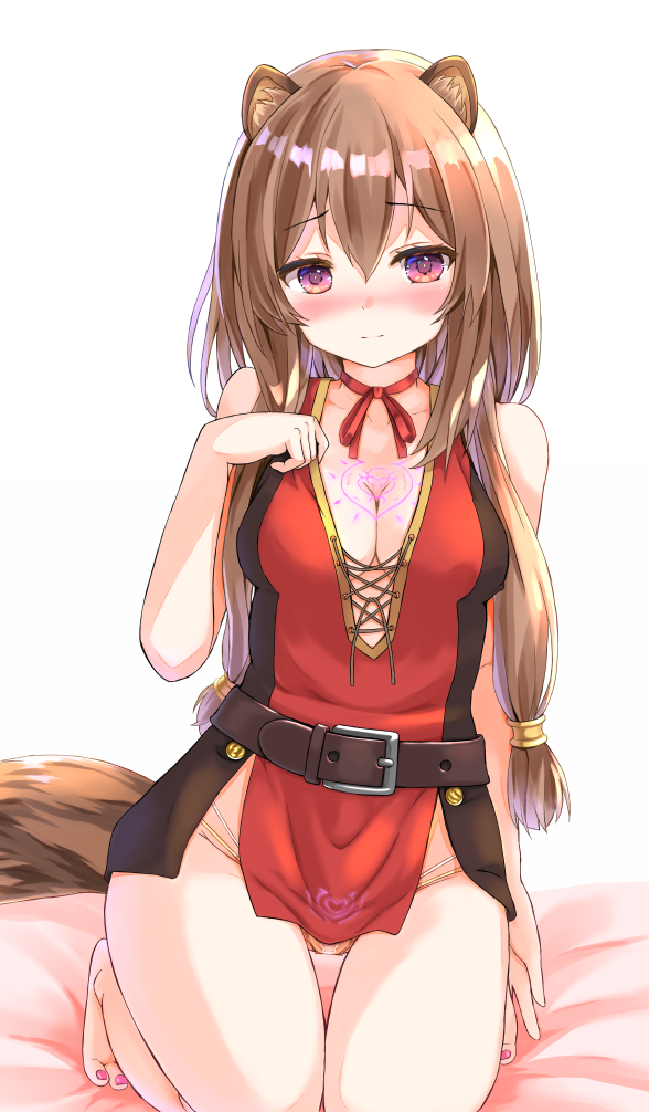 1girl animal_ears bluekalmia blush breasts chest_tattoo cleavage dress long_hair looking_at_viewer medium_breasts raccoon_ears raccoon_tail raphtalia solo tail tate_no_yuusha_no_nariagari tattoo