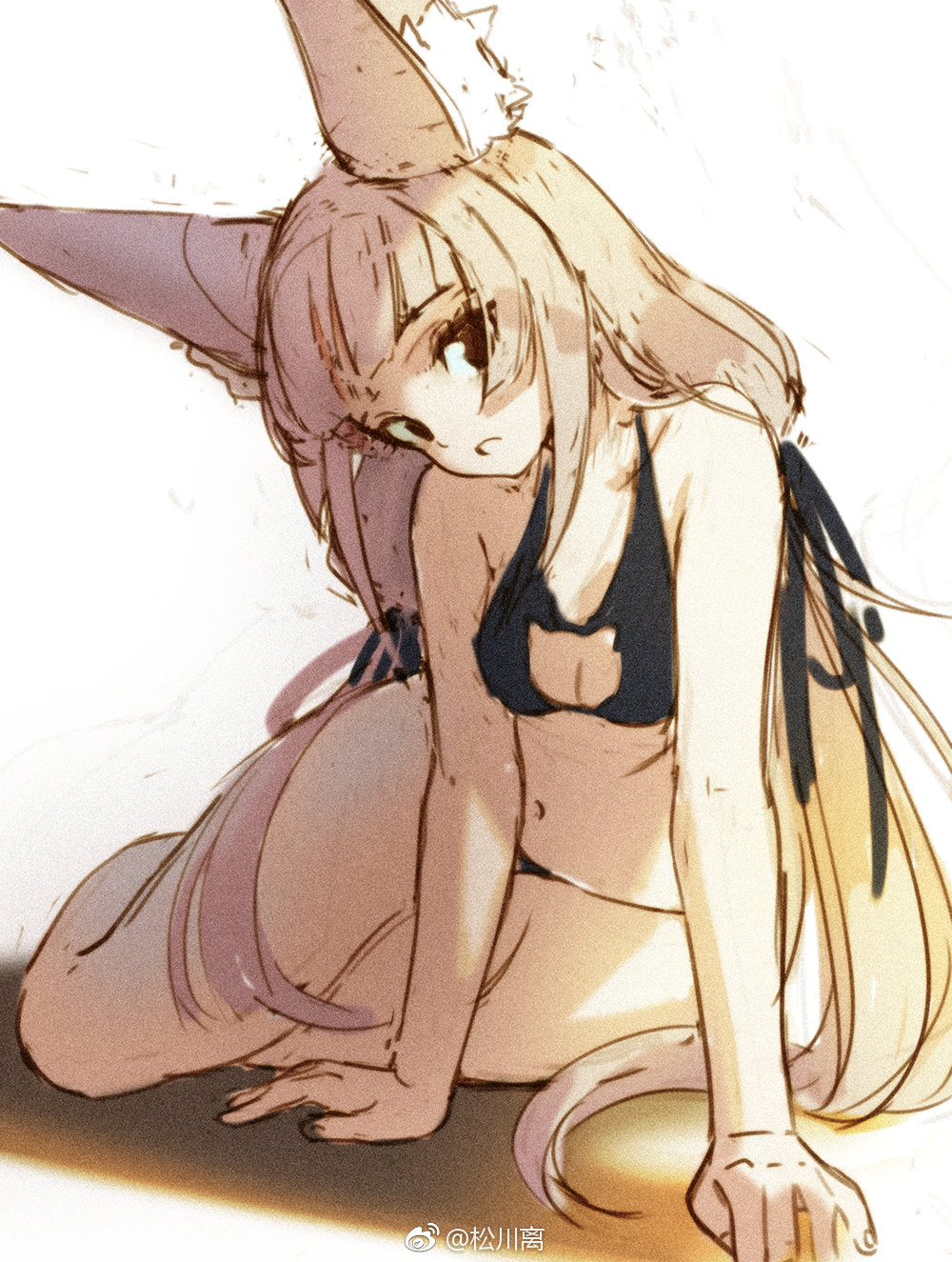 1girl animal_ears arm_support black_bra black_panties bra breasts cat_cutout cleavage hair_ribbon highres long_hair looking_at_viewer low_twintails meme_attire navel nintendo niyah panties ribbon sitting sketch small_breasts solo songchuan_li twintails underwear underwear_only very_long_hair weibo_username xenoblade_(series) xenoblade_2 yokozuwari