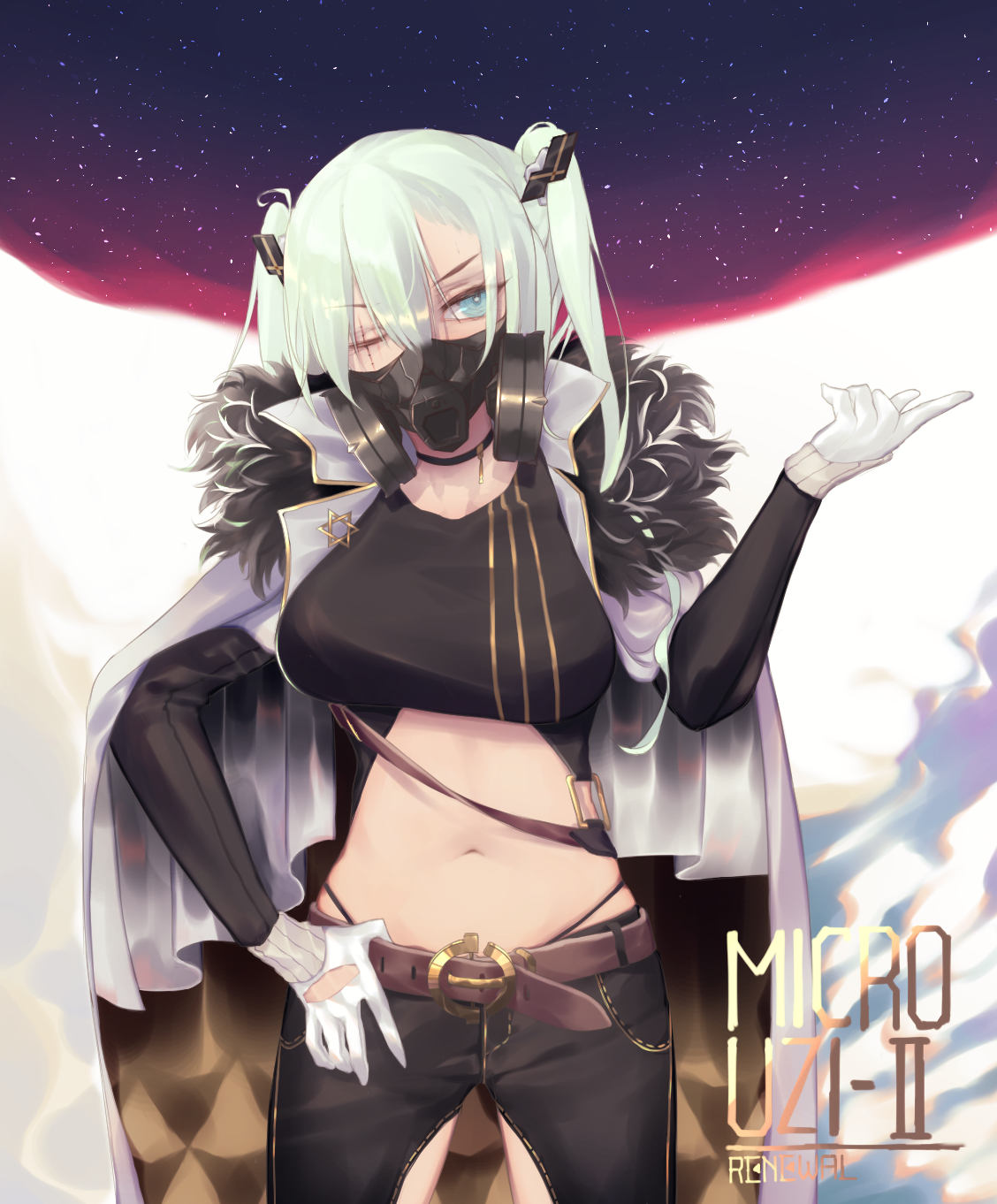 1girl bangs belt black_panties black_pants breasts chaps character_name choker cloak covered_mouth cowboy_shot cropped_jacket eyebrows_visible_through_hair gas_mask girls_frontline gloves green_eyes green_hair hair_ornament headphones headphones_around_neck highres index_finger_raised large_breasts long_hair long_sleeves looking_at_viewer micro_uzi_(girls_frontline) mokakeke navel one-eyed panties pants scar scar_across_eye skindentation sky solo star_(sky) starry_sky stomach strap twintails underwear white_cloak white_gloves