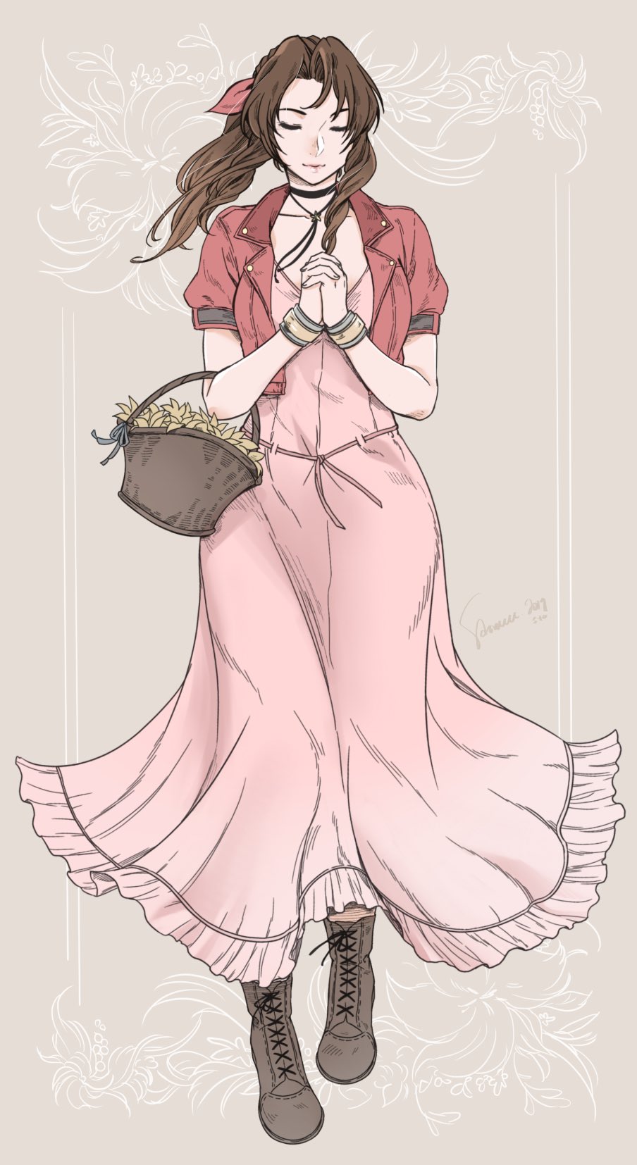 1girl aerith_gainsborough basket bow braid brown_hair closed_eyes cropped_jacket dress final_fantasy final_fantasy_vii flower hair_ribbon hands_clasped highres long_dress long_hair own_hands_together pink_bow pink_dress ribbon sao_(saowee) single_braid solo