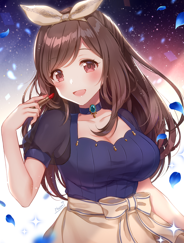 1girl artist_name blue_choker blush breasts brown_hair choker cleavage collarbone commentary_request eyebrows_visible_through_hair hairband idolmaster idolmaster_shiny_colors large_breasts lipstick long_hair looking_at_viewer makeup naomi_(fantasia) petals puffy_short_sleeves puffy_sleeves red_eyes short_sleeves solo tsukioka_kogane upper_body