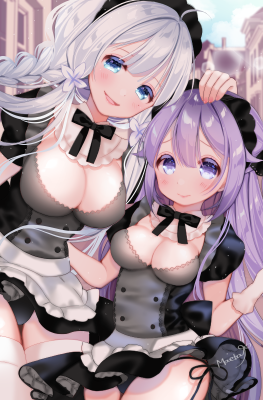 2girls ahoge apron azur_lane bangs black_panties blue_eyes blush braid breasts cleavage commentary_request detached_collar double-breasted flower gloves hair_between_eyes hair_flower hair_ornament hand_on_another's_head illustrious_(azur_lane) large_breasts long_hair looking_at_viewer maeha maid maid_headdress mole mole_under_eye multiple_girls panties petticoat puffy_short_sleeves puffy_sleeves purple_hair short_sleeves side-tie_panties silver_hair smile thigh-highs underwear unicorn_(azur_lane) violet_eyes waist_apron white_gloves white_legwear