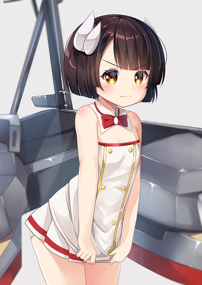 1girl agung_syaeful_anwar azur_lane bangs bare_arms bare_shoulders blush bow brown_eyes brown_hair closed_mouth collar commentary detached_collar dress dress_tug eyebrows_visible_through_hair grey_background hiei-chan_(azur_lane) hiei_(azur_lane) horns leaning_forward looking_at_viewer machinery panties pleated_skirt red_bow short_hair simple_background skirt solo strapless strapless_dress underwear v-shaped_eyebrows white_collar white_dress white_panties white_skirt