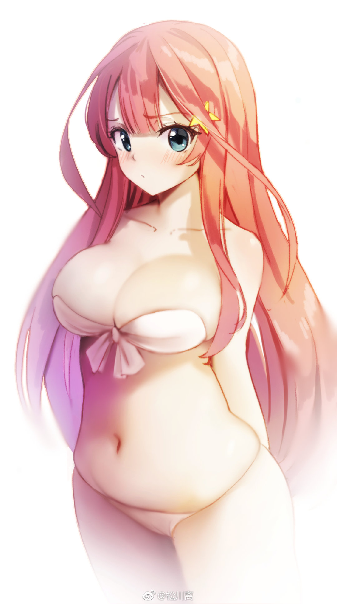 1girl arms_behind_back bare_shoulders bikini blue_eyes blush breasts cleavage cowboy_shot go-toubun_no_hanayome hair_flaps hair_ornament highres large_breasts long_hair looking_at_viewer nakano_itsuki navel pink_hair sidelocks simple_background skindentation solo songchuan_li star star_hair_ornament strapless strapless_bikini swimsuit very_long_hair weibo_username white_background white_bikini