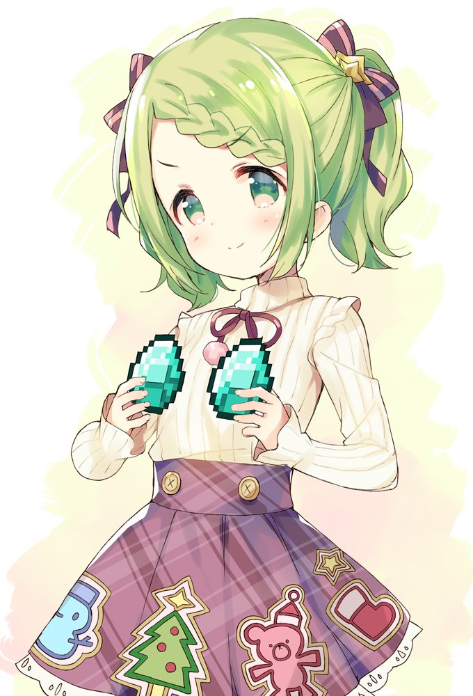 &gt;:) 1girl blush bow braid brown_ribbon brown_skirt closed_mouth commentary fingernails green_eyes green_hair hair_bow hair_ornament holding meito_(maze) morinaka_kazaki neck_ribbon nijisanji pixel_art plaid plaid_skirt pleated_skirt ponytail ribbed_sweater ribbon sidelocks skirt sleeves_past_wrists smile solo star star_hair_ornament striped striped_bow sweater turtleneck turtleneck_sweater unmoving_pattern v-shaped_eyebrows virtual_youtuber white_sweater