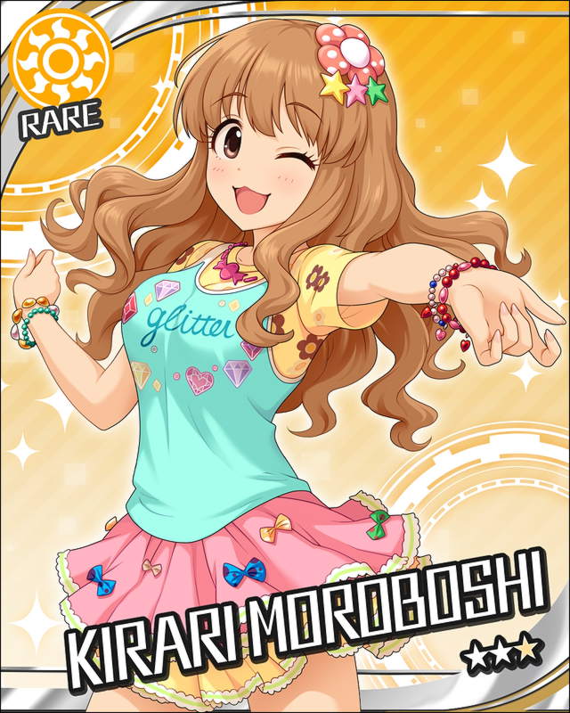 blush brown_eyes character_name dress idolmaster idolmaster_cinderella_girls long_hair moroboshi_kirari orange_hair smile stars wink