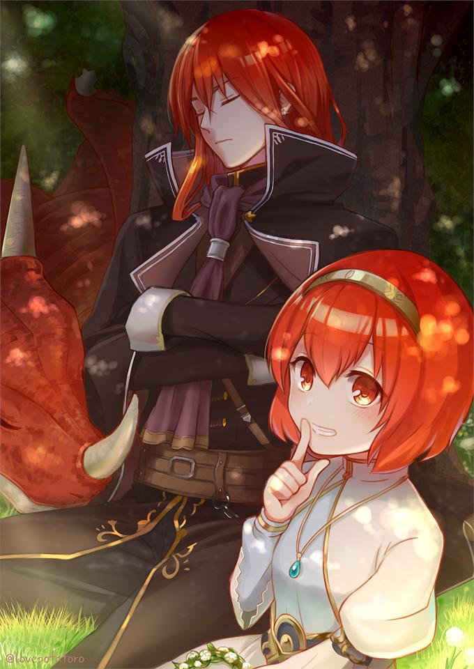 1boy 1girl belt brother_and_sister closed_eyes closed_mouth crossed_arms day dragon finger_to_mouth fire_emblem fire_emblem:_mystery_of_the_emblem fire_emblem:_shin_monshou_no_nazo fire_emblem_heroes grass hairband intelligent_systems jewelry long_hair long_sleeves maria_(fire_emblem) misheil_(fire_emblem) necklace nintendo outdoors potiko_(3110) red_eyes redhead short_hair shushing siblings sleeping tree twitter_username wyvern
