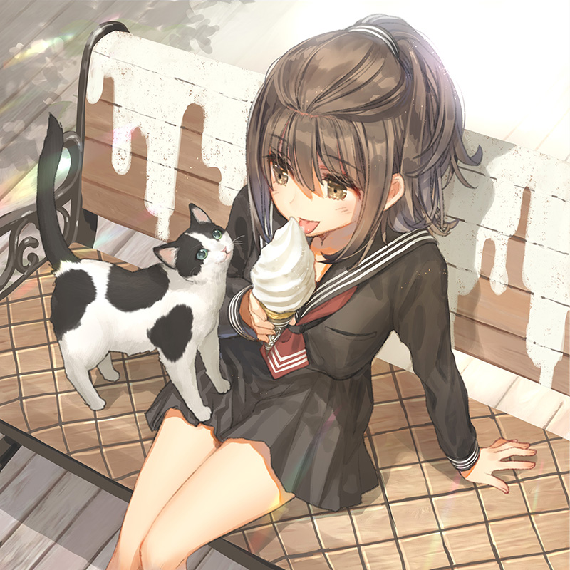 1girl animal bangs bench black_sailor_collar black_serafuku black_shirt black_skirt blue_eyes blush brown_eyes brown_hair cat commentary_request dutch_angle eyebrows_visible_through_hair fingernails food from_above hair_between_eyes high_ponytail holding holding_food ice_cream ice_cream_cone kawaku long_hair long_sleeves looking_away on_bench original park_bench pleated_skirt ponytail sailor_collar school_uniform serafuku shirt sitting skirt soft_serve solo tongue tongue_out