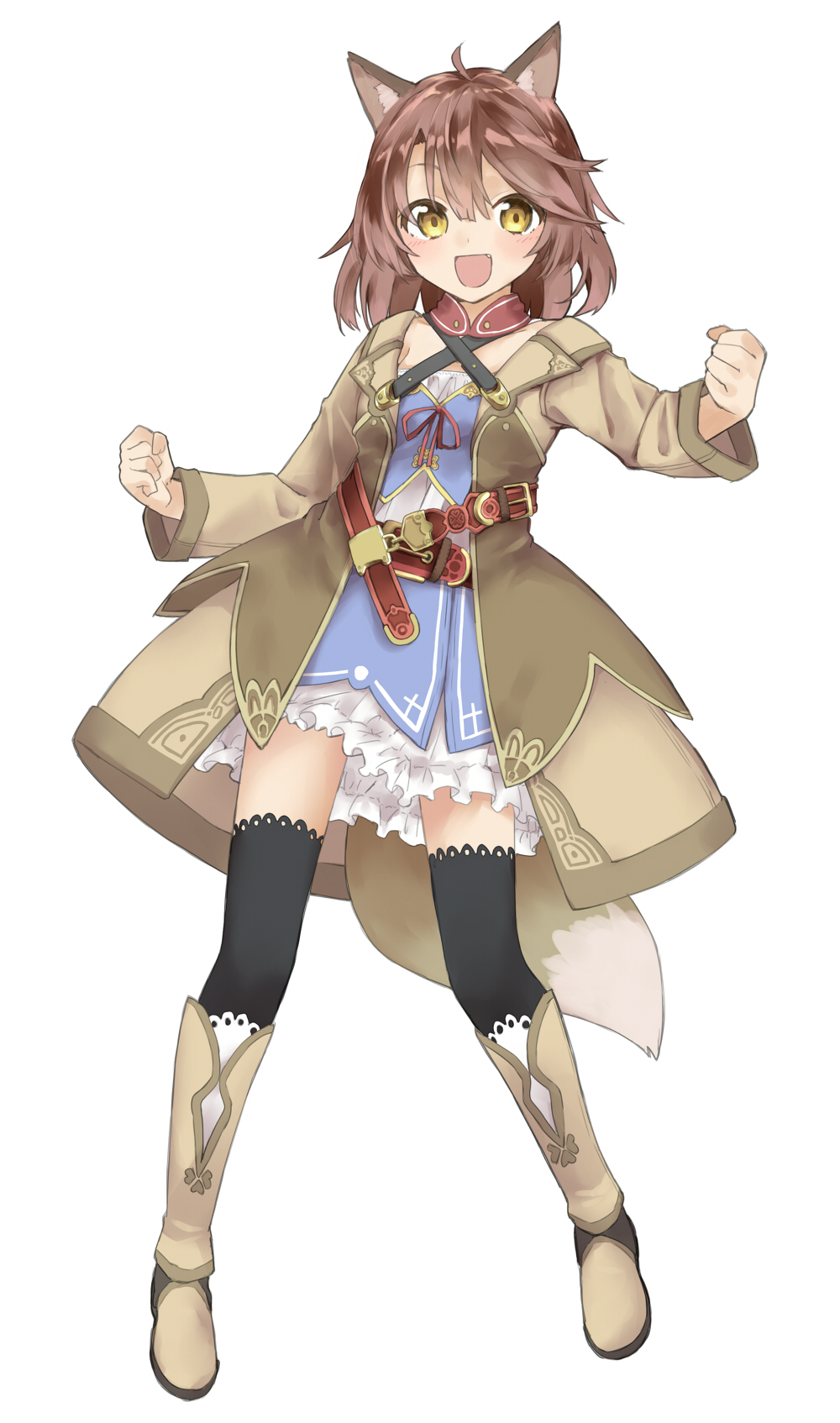 1girl :d amane_rosylily animal_ear_fluff animal_ears bangs belt belt_buckle black_legwear blush boots brown_belt brown_coat brown_eyes brown_footwear brown_hair buckle clenched_hands coat collarbone commentary_request criss-cross_halter dress eyebrows_visible_through_hair fang fox_ears fox_girl fox_tail full_body halterneck highres knee_boots long_sleeves looking_at_viewer open_clothes open_coat open_mouth original sekira_ame simple_background smile solo standing tail thigh-highs white_background white_dress