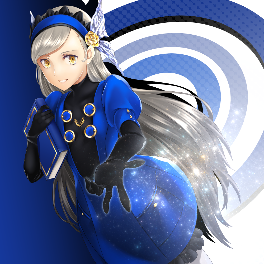 1girl arkatopia bangs black_gloves black_shorts blue_dress blue_hairband cowboy_shot dress dutch_angle elbow_gloves eyebrows_visible_through_hair floating_hair frilled_shorts frills gloves grin hairband holding lavenza long_hair looking_at_viewer persona persona_5 reaching shiny shiny_hair short_dress shorts shorts_under_dress silver_hair smile solo standing swept_bangs very_long_hair yellow_eyes