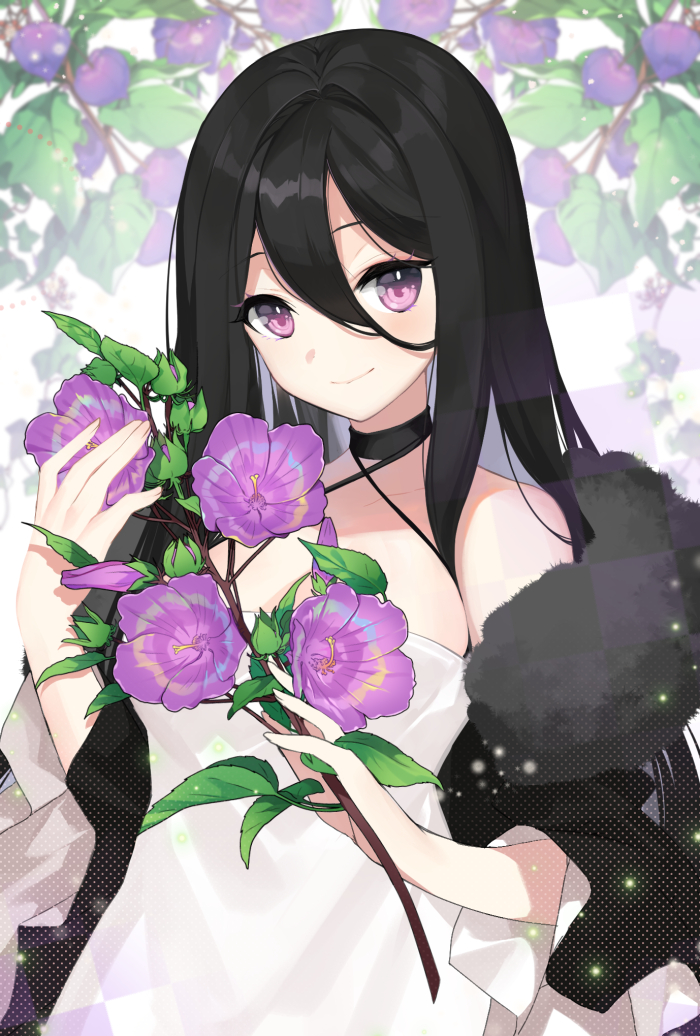 1girl bangs bare_shoulders black_choker black_hair blurry breasts choker cleavage closed_mouth collarbone commentary_request criss-cross_halter depth_of_field dress feather_boa flower hair_between_eyes halterneck holding holding_flower leaf long_hair looking_at_viewer medium_breasts original pink_eyes purple_flower roh_nam_kyung smile solo upper_body white_dress