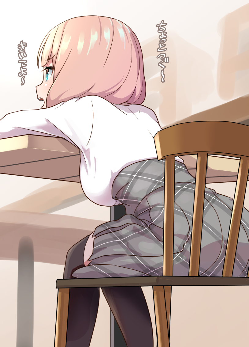 1girl bang_dream! bangs black_legwear blue_eyes breasts chair commentary_request eyebrows_visible_through_hair grey_skirt large_breasts leaning_forward long_hair looking_away on_chair pink_hair plaid plaid_skirt pleated_skirt profile shipii_(jigglypuff) shirt sitting skirt solo table thigh-highs translated uehara_himari white_shirt