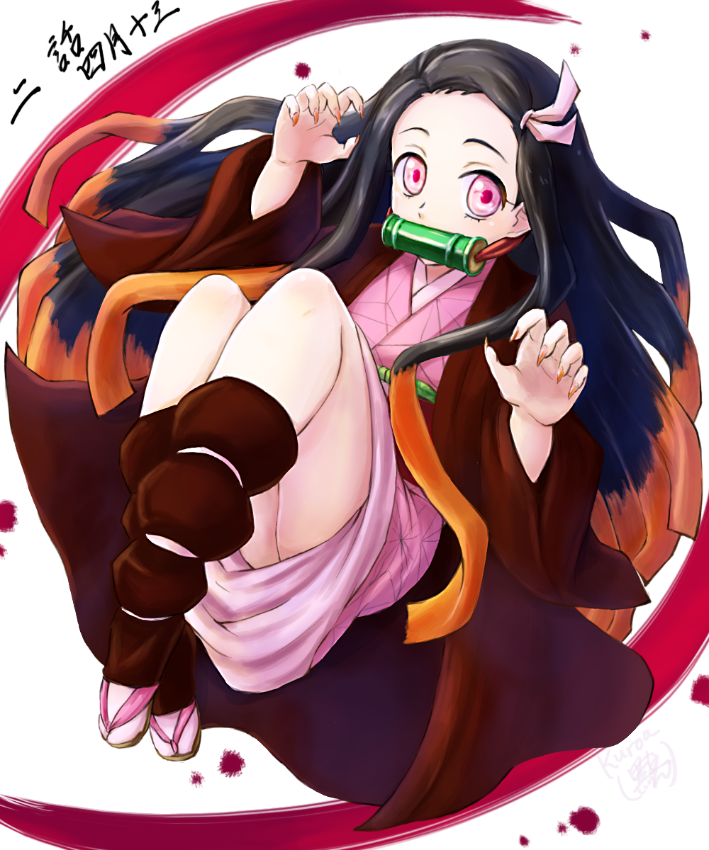 1girl black_hair fingernails floating_hair hair_ribbon highres japanese_clothes kamado_nezuko kimetsu_no_yaiba kimono kuroa_(kuroan) long_hair looking_at_viewer multicolored_hair orange_hair pink_eyes pink_kimono pink_ribbon ribbon sharp_fingernails short_kimono solo tabi two-tone_hair very_long_hair white_legwear