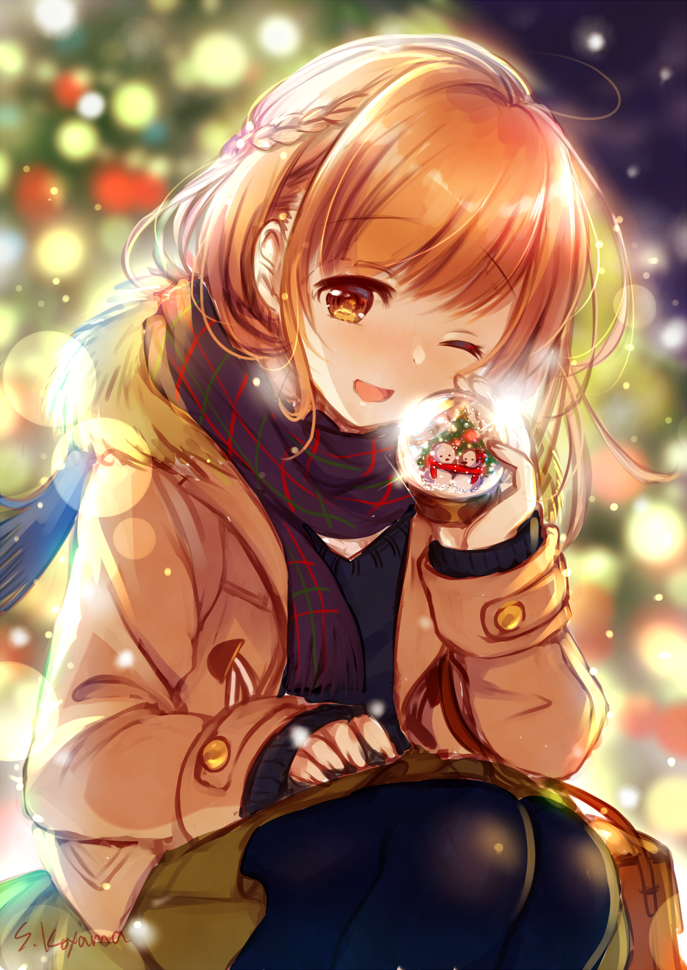 1girl ;d black_legwear black_scarf blurry_foreground brown_coat brown_eyes brown_hair christmas_tree coat duffel_coat eyebrows_visible_through_hair highres holding koyama_sao lens_flare long_sleeves looking_at_viewer miniskirt one_eye_closed open_clothes open_coat open_mouth original outdoors pantyhose pleated_skirt scarf short_hair skirt smile snow_globe solo squatting winter_clothes winter_coat yellow_skirt