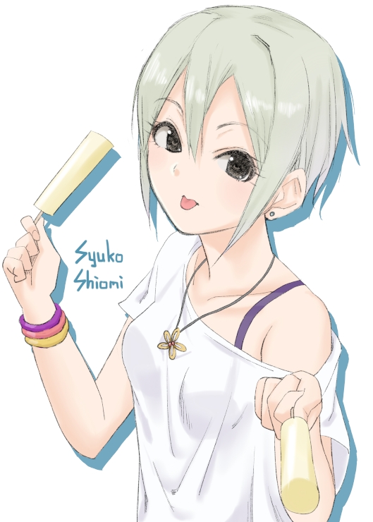 1girl black_eyes bra_strap bracelet character_name collarbone earrings food ginnote hair_between_eyes holding holding_food ice_cream idolmaster idolmaster_cinderella_girls jewelry looking_at_viewer necklace off_shoulder popsicle shiny shiny_hair shiomi_shuuko shirt short_hair silver_hair simple_background solo tongue tongue_out upper_body white_background white_shirt