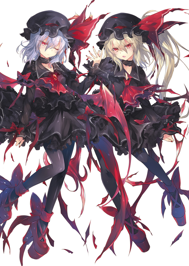 2girls alemateorema ascot bangs bat_wings black_dress black_legwear blonde_hair blue_hair blush bow breasts choker cravat dress expressionless fang flandre_scarlet frills hair_between_eyes hand_up hat juliet_sleeves long_hair long_sleeves looking_at_viewer mob_cap multiple_girls one_eye_closed one_side_up open_mouth pantyhose platform_footwear platform_heels puffy_sleeves red_eyes red_footwear remilia_scarlet ribbon short_hair side_ponytail sidelocks simple_background small_breasts touhou white_background wings