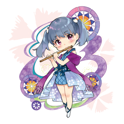 1girl bangs bare_shoulders blue_dress blue_hair blush character_request cherry_blossom_print chibi closed_mouth dress eyebrows_visible_through_hair floral_print flute hair_ornament head_tilt holding holding_instrument instrument looking_at_viewer lowres miyabi_akino music nadeshiko_doremisora playing_instrument pleated_dress purple_scarf scarf short_hair short_twintails sleeveless sleeveless_dress smile solo twintails violet_eyes