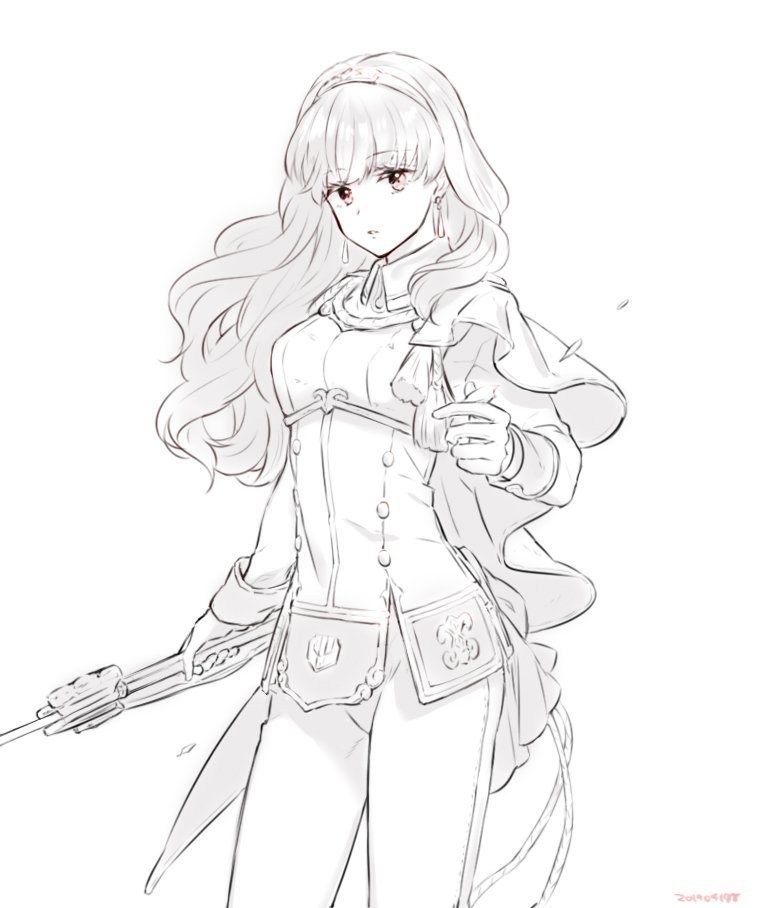 1girl aiguillette arm_at_side bangs cape celica_(fire_emblem) cowboy_shot earrings fire_emblem fire_emblem_echoes:_shadows_of_valentia futabaaf gloves hairband holding holding_sword holding_weapon jewelry long_hair long_sleeves looking_at_viewer pants red_eyes simple_background solo spot_color sword tassel weapon white_background