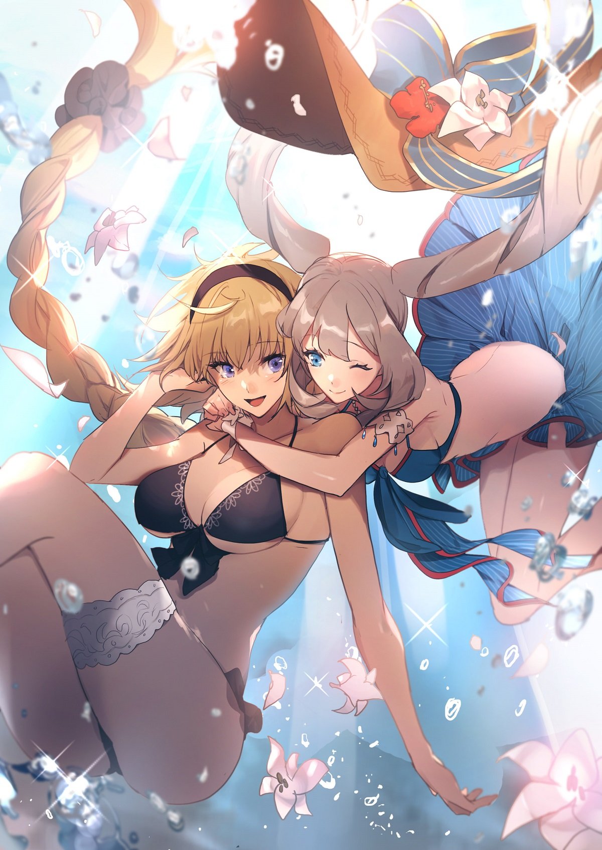 2girls ahoge arm_strap bare_shoulders bikini blonde_hair blue_eyes braid breasts brown_hair cleavage collarbone fate/grand_order fate_(series) flower frilled_skirt frills hair_ornament hair_scrunchie hairband hat hat_flower hat_removed hat_ribbon headwear_removed highres hug hug_from_behind jeanne_d'arc_(fate)_(all) jeanne_d'arc_(swimsuit_archer) jewelry large_breasts long_braid long_hair marie_antoinette_(fate/grand_order) marie_antoinette_(swimsuit_caster)_(fate) medium_breasts multiple_girls no-kan one_eye_closed open_mouth ribbon scrunchie sidelocks skirt smile sun_hat swimsuit thigh_strap twintails underwater violet_eyes