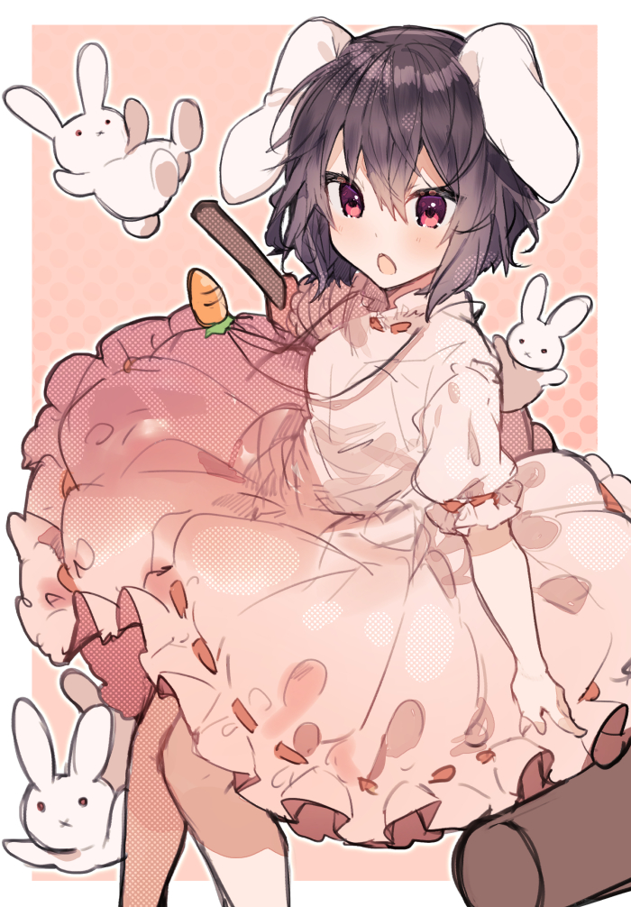 1girl animal animal_ears bangs black_hair blush bunny_girl carrot_necklace chestnut_mouth dress ears_down full_body hair_between_eyes holding_mallet ikeuchi_tanuma inaba_tewi looking_at_viewer mallet medium_hair open_mouth pink_background pink_dress puffy_short_sleeves puffy_sleeves rabbit rabbit_ears red_eyes ribbon-trimmed_skirt ribbon_trim short_sleeves sketch solo_focus touhou