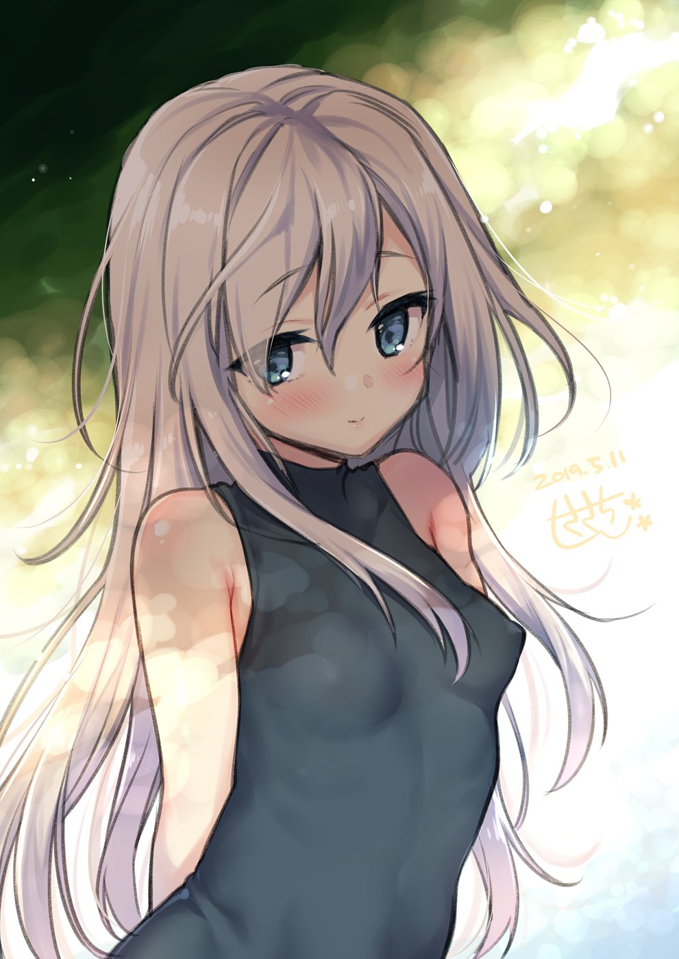 1girl arms_behind_back bangs bare_shoulders blue_eyes blush breasts closed_mouth commentary_request covered_navel erect_nipples eyebrows_visible_through_hair eyes_visible_through_hair hair_between_eyes highres kantai_collection light_smile long_hair looking_at_viewer sasachin_(k+w) skin_tight sleeveless small_breasts smile solo swimsuit u-511_(kantai_collection) white_hair