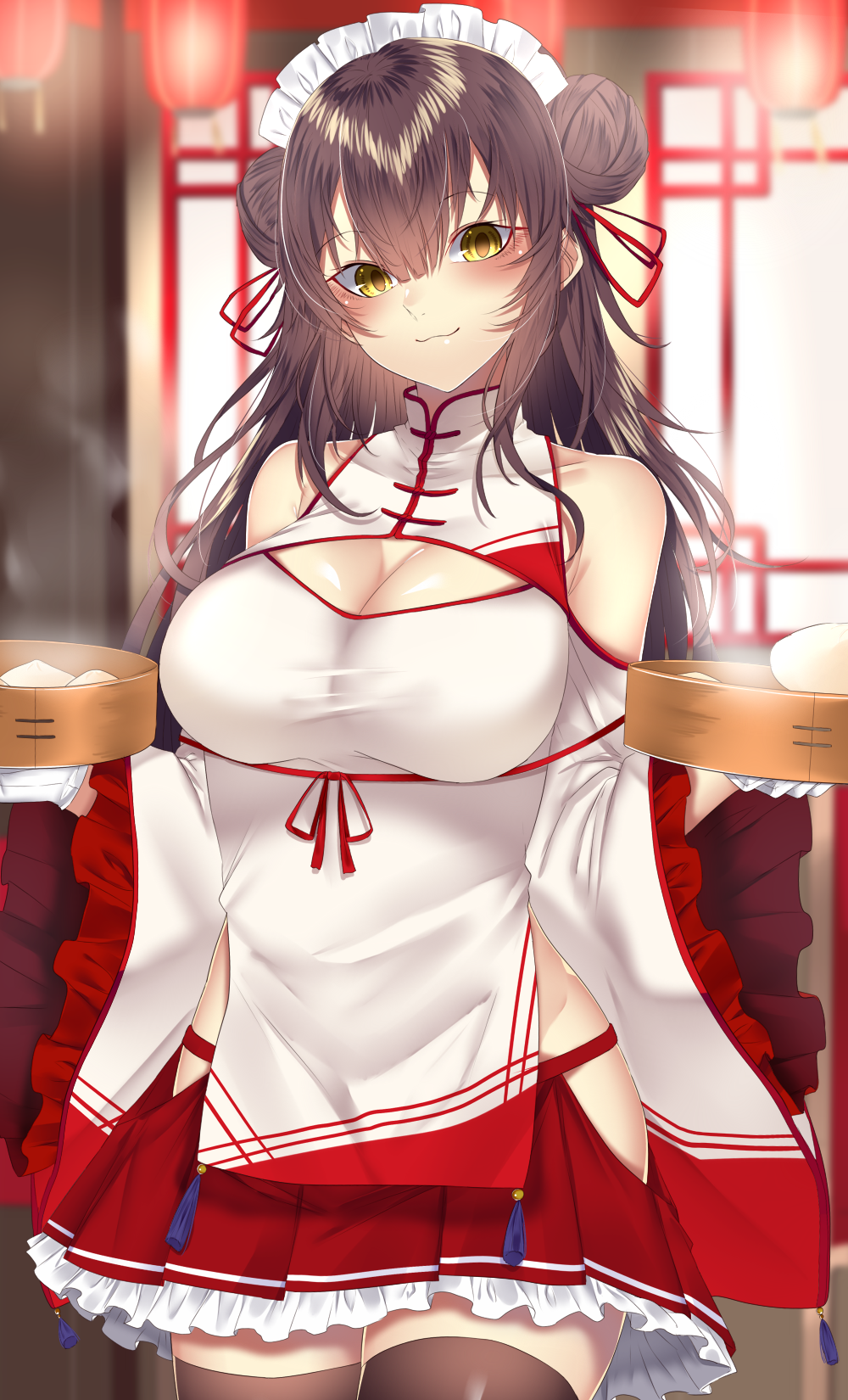 1girl :3 bamboo_steamer bangs baozi blush breasts brown_hair china_dress chinese_clothes cleavage cleavage_cutout cowboy_shot double_bun dress eyebrows_visible_through_hair food groin head_tilt highres hip_vent holding holding_tray indoors large_breasts long_hair long_sleeves looking_at_viewer maid maid_headdress onineko-chan original pelvic_curtain petticoat pleated_skirt red_skirt restaurant sidelocks skirt skirt_under_dress smile solo taut_clothes taut_dress thigh-highs tray wide_sleeves