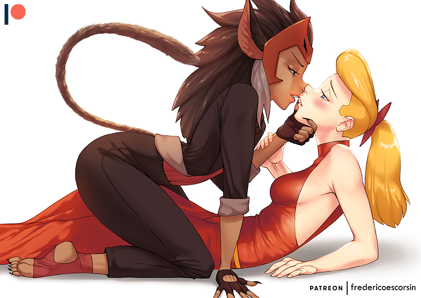 2girls adora_(she-ra) animal_ears arm_grab arm_support black_gloves black_jacket black_nails black_pants blonde_hair blue_eyes blush bow breasts brown_hair cat_ears cat_tail catra claws commentary dark_skin dress english_commentary fingerless_gloves frederico_escorsin gloves hair_bow half-closed_eyes halterneck hand_on_another's_chin headdress imminent_kiss jacket kneeling leaning_forward lips logo long_hair long_sleeves lying medium_breasts multiple_girls nail_polish on_back on_bed pants patreon_username ponytail red_bow red_dress red_footwear red_shirt shadow she-ra_and_princesses_of_power shirt simple_background sleeves_rolled_up spats_(footwear) tail white_background yuri