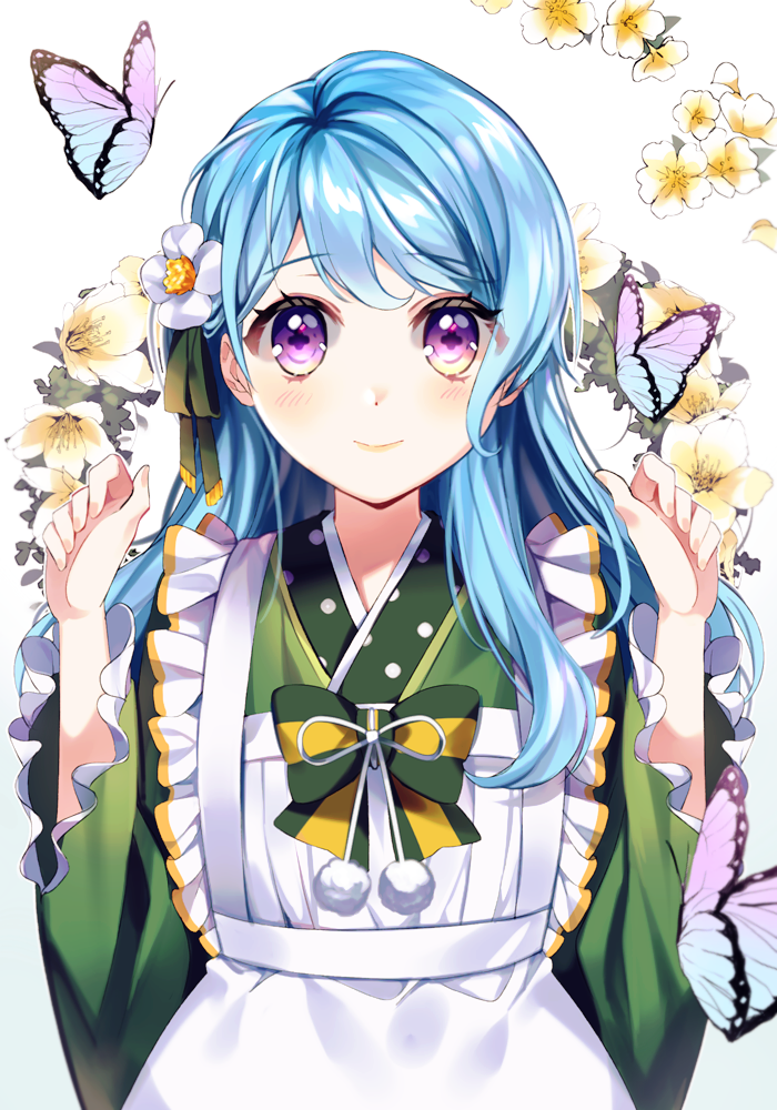 1girl alternate_hairstyle apron bang_dream! bangs blue_hair blush bow bowtie bug butterfly clenched_hands floral_background flower frilled_apron frills green_kimono green_neckwear green_ribbon hair_flower hair_ornament hair_ribbon hands_up insect japanese_clothes kimono long_hair looking_at_viewer maid_apron matsubara_kanon minori_(faddy) pom_pom_(clothes) ribbon smile solo striped striped_neckwear upper_body violet_eyes wa_maid white_apron white_flower yellow_flower