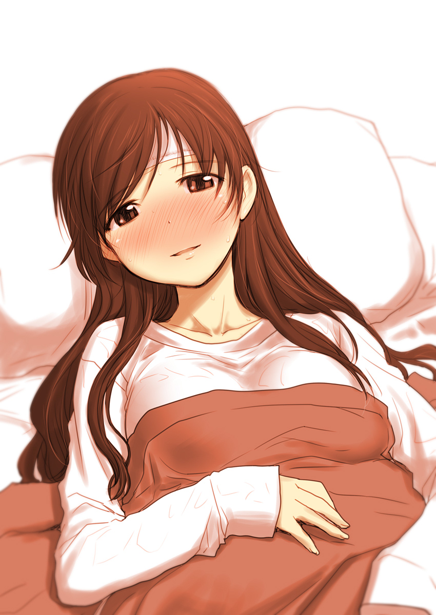 1girl bangs blanket blush breasts brown_eyes brown_hair collarbone eyebrows_visible_through_hair fingernails highres idolmaster idolmaster_cinderella_girls long_hair long_sleeves looking_at_viewer lying medium_breasts nitta_minami nose_blush on_back open_mouth pillow sakaki_imasato shirt sleeves_past_wrists smile solo swept_bangs white_shirt