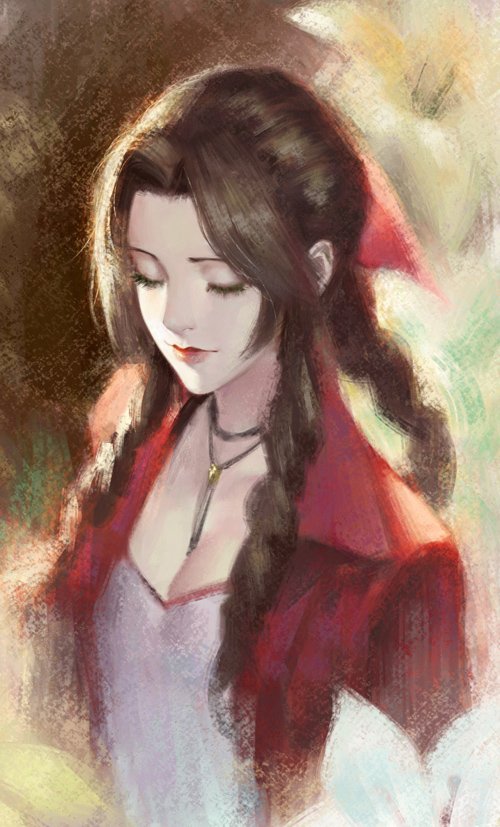 1girl aerith_gainsborough bow braid breasts brown_hair cleavage closed_eyes closed_mouth commentary cropped_jacket dress final_fantasy final_fantasy_vii from_above hair_ribbon jewelry long_dress long_hair necklace phamoz pink_bow pink_dress ponytail ribbon
