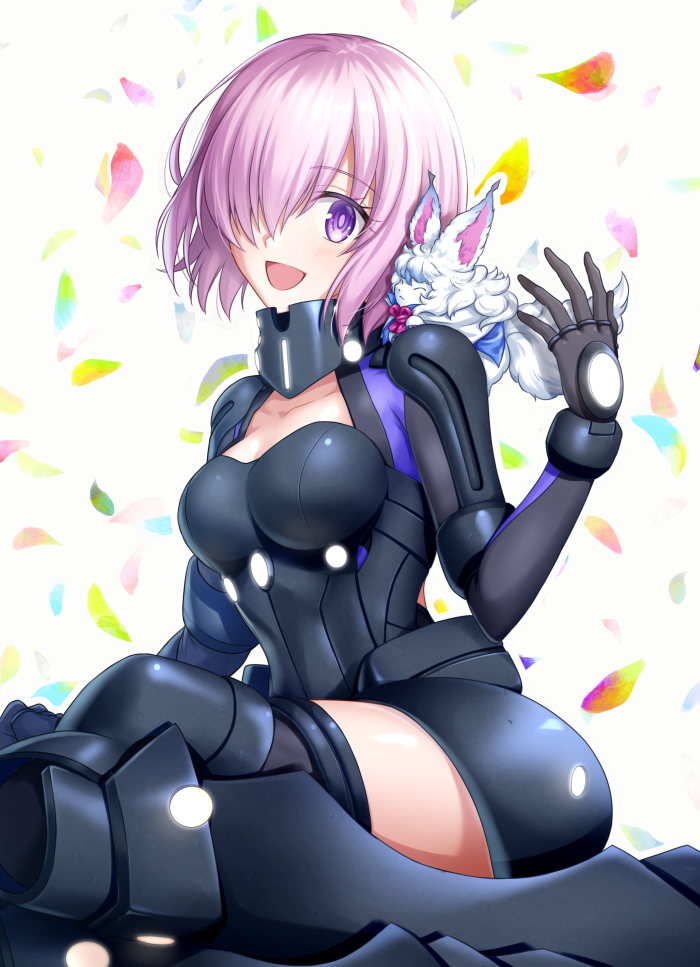 1girl armor armored_dress black_armor black_legwear black_leotard breasts cleavage elbow_gloves fate/grand_order fate_(series) fou_(fate/grand_order) gloves hair_over_one_eye lavender_hair leotard looking_at_viewer mash_kyrielight medium_breasts nina_(pastime) ortenaus pink_hair shield short_hair thigh-highs violet_eyes