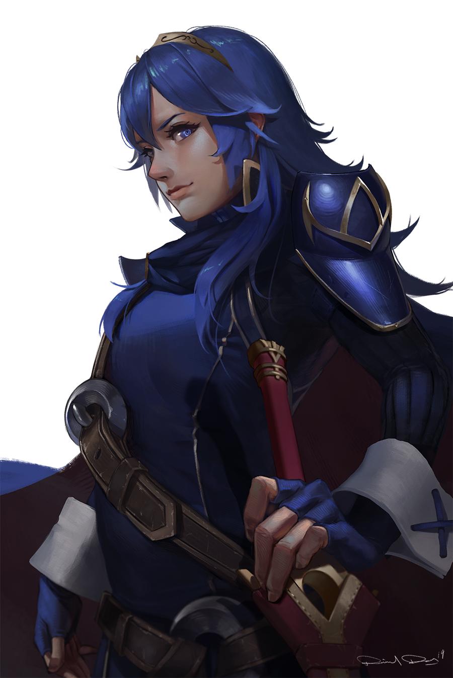 1girl blue_eyes blue_hair blue_shirt cape closed_mouth commentary daniel_deng english_commentary fingerless_gloves fire_emblem fire_emblem:_kakusei gloves hair_between_eyes highres holding holding_sword holding_weapon intelligent_systems long_hair lucina nintendo realistic ribbed_sleeves sheath shirt shoulder_armor strap sword tiara weapon wrist_cuffs