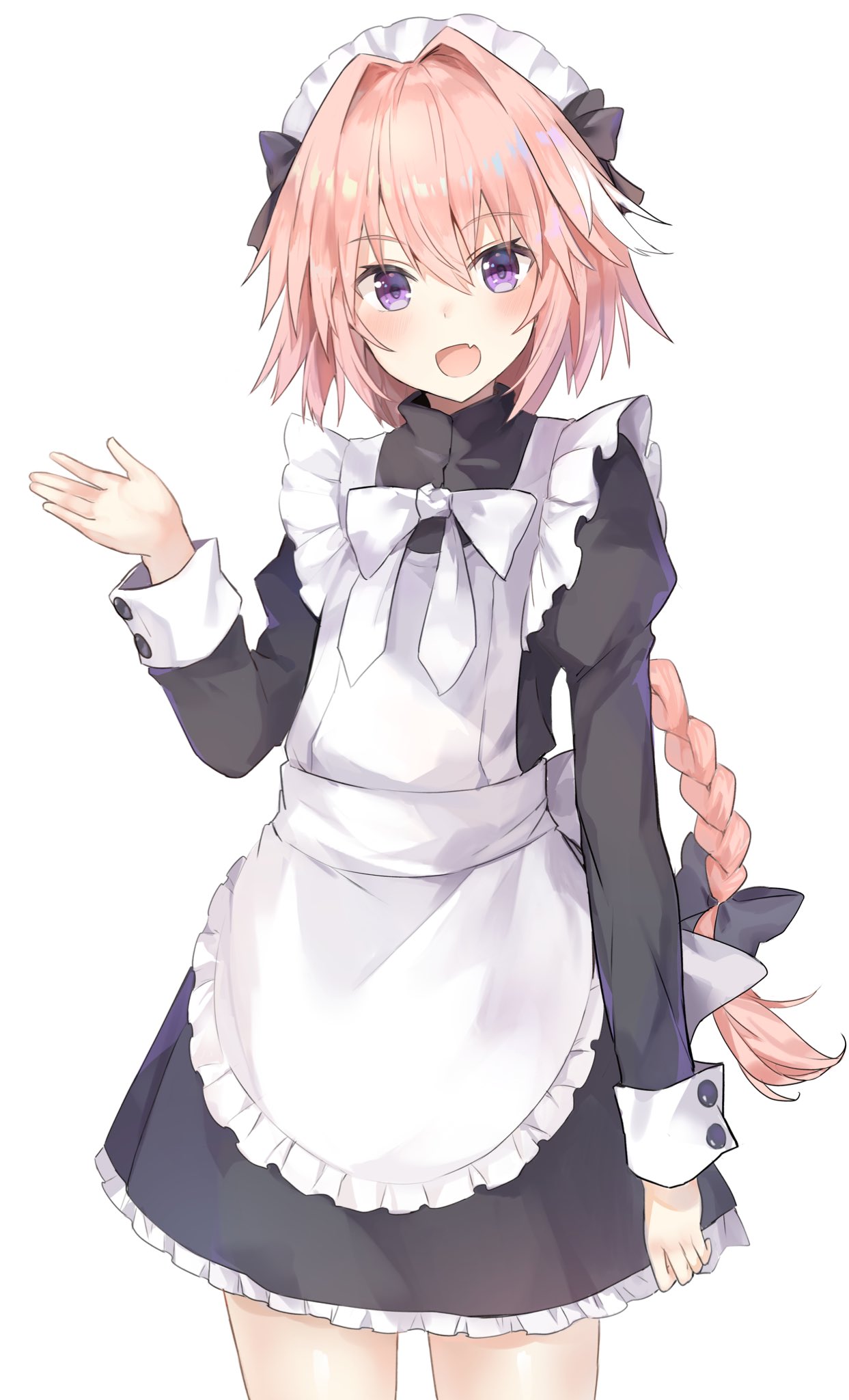 1boy :d alternate_costume apron astolfo_(fate) bangs black_bow black_dress blush bow braid commentary_request cowboy_shot dress enmaided eyebrows_visible_through_hair fang fate/apocrypha fate_(series) frilled_apron frills hair_between_eyes hair_bow hair_intakes hand_up head_tilt highres juliet_sleeves kusumoto_touka long_hair long_sleeves looking_at_viewer maid maid_apron maid_day maid_headdress male_focus multicolored_hair open_mouth pink_hair puffy_sleeves shiny shiny_hair short_dress sidelocks simple_background single_braid skin_fang smile solo standing streaked_hair trap violet_eyes white_apron white_background white_bow white_hair