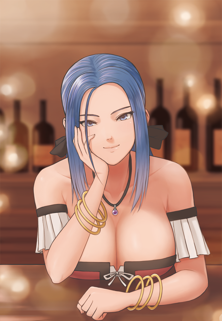 1girl bangle bar bare_shoulders bartender black_ribbon blue_eyes blue_hair blurry blurry_background bottle bracelet breasts cleavage closed_mouth collarbone corset counter depth_of_field detached_sleeves dragon_quest dragon_quest_ix hair_ribbon hand_on_own_cheek head_rest head_tilt highres indoors jewelry large_breasts light_particles long_hair looking_at_viewer miru_(wvjc7832) necklace ribbon ruida shiny shiny_hair sidelocks smile solo tsurime upper_body white_ribbon wine_bottle