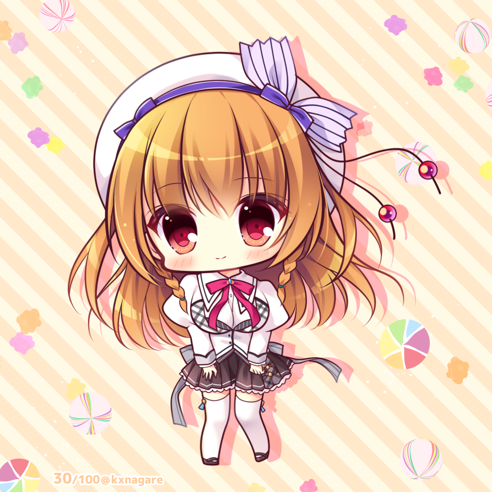 1girl beret black_footwear blush braid breasts brown_hair brown_skirt chibi closed_mouth collared_shirt commentary_request copyright_request diagonal-striped_background diagonal_stripes dress_shirt hat head_tilt juliet_sleeves large_breasts long_hair long_sleeves looking_at_viewer pleated_skirt puffy_sleeves red_eyes ryuuka_sane shirt shoes side_braid skirt smile solo striped striped_background thigh-highs twin_braids twitter_username very_long_hair white_headwear white_legwear white_shirt