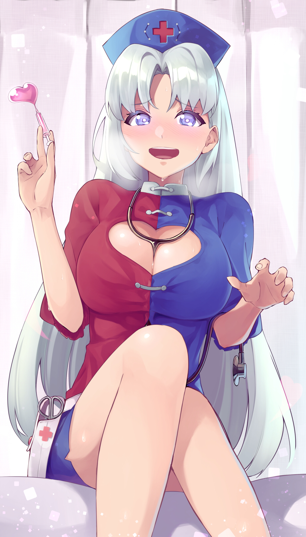 1girl bangs bare_legs belt_pouch blue_eyes breasts breath cleavage constellation_print curtains eyebrows_visible_through_hair hat heart highres inuyabu_cc large_breasts long_hair miniskirt nurse nurse_cap open_mouth parted_bangs pouch scissors short_sleeves silver_hair sitting skirt solo stethoscope straight_hair sweat syringe tareme thighs touhou yagokoro_eirin